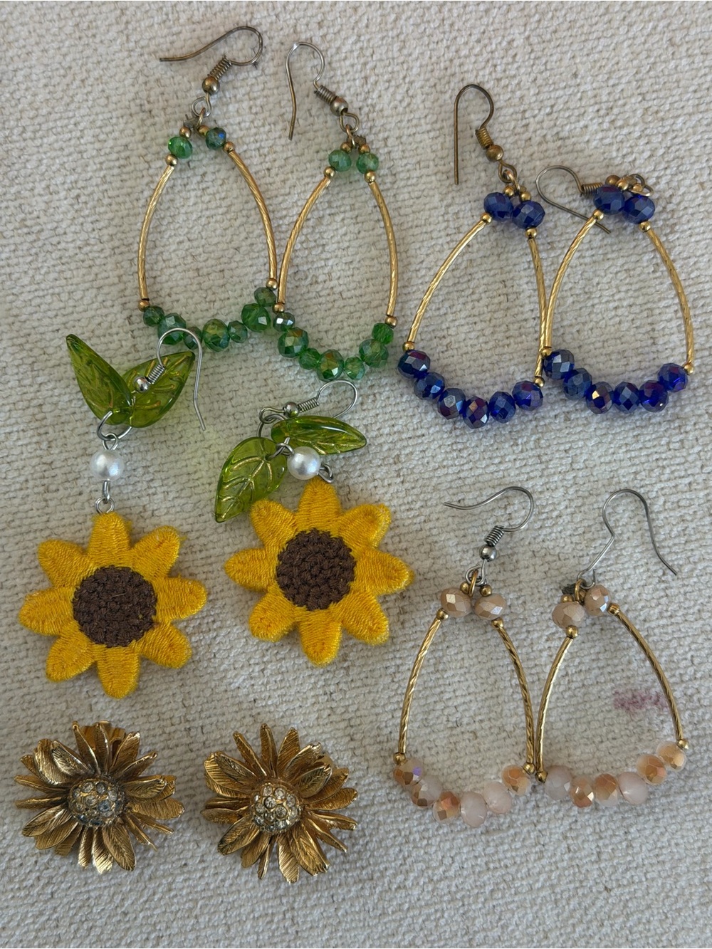 Sunflower & Bead Mixed Earring Set - Yellow, Green, Blue, Gold